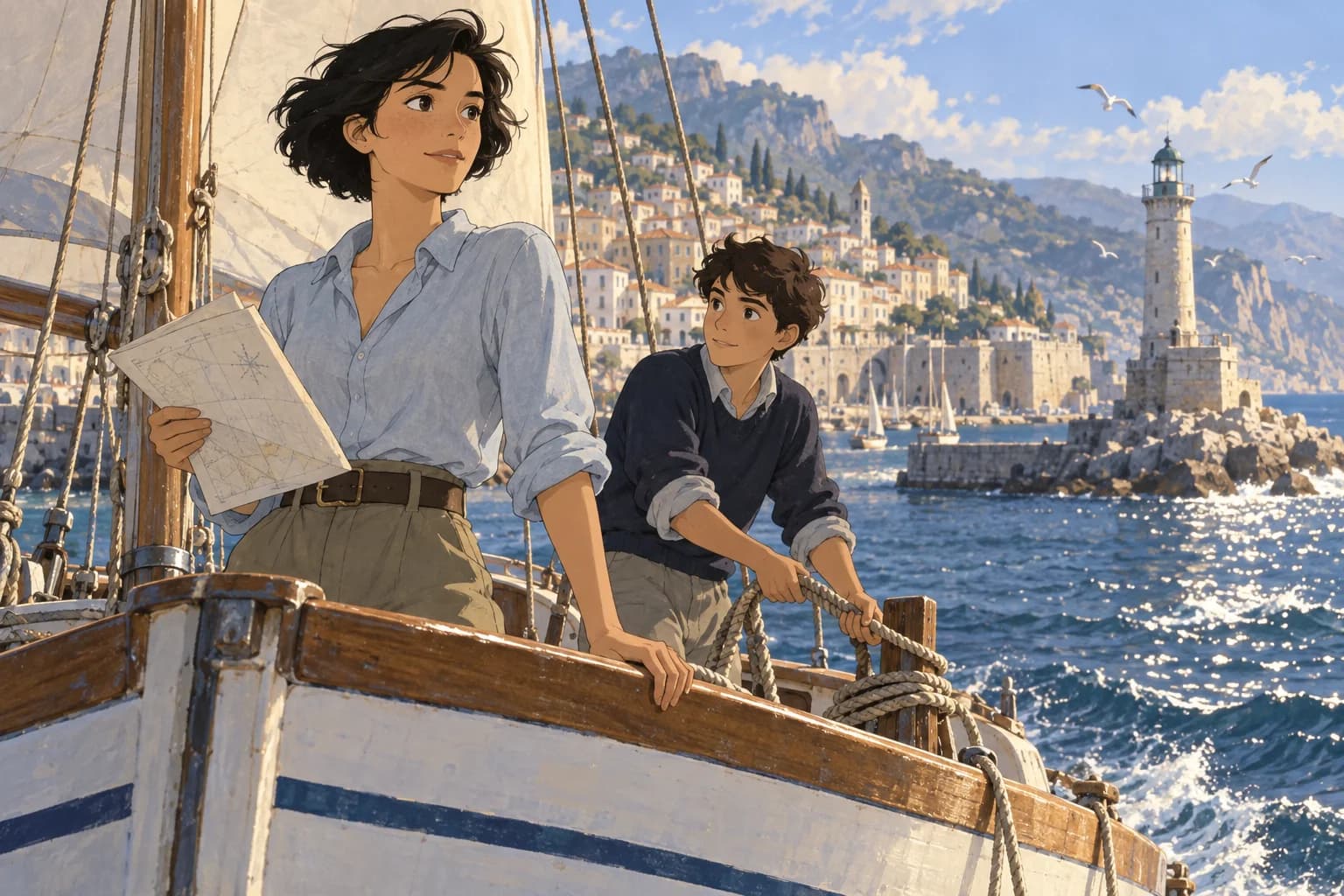 Original hand-drawn sailors on a wooden boat in a Mediterranean harbor