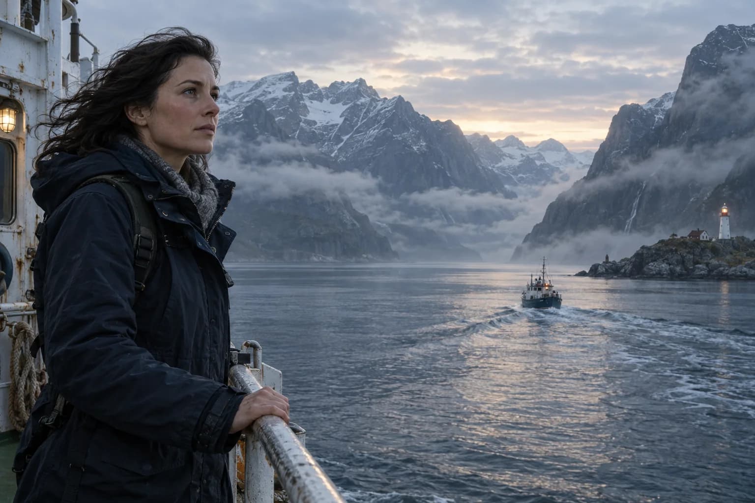 An explorer on a research vessel looking across a fjord toward a lighthouse