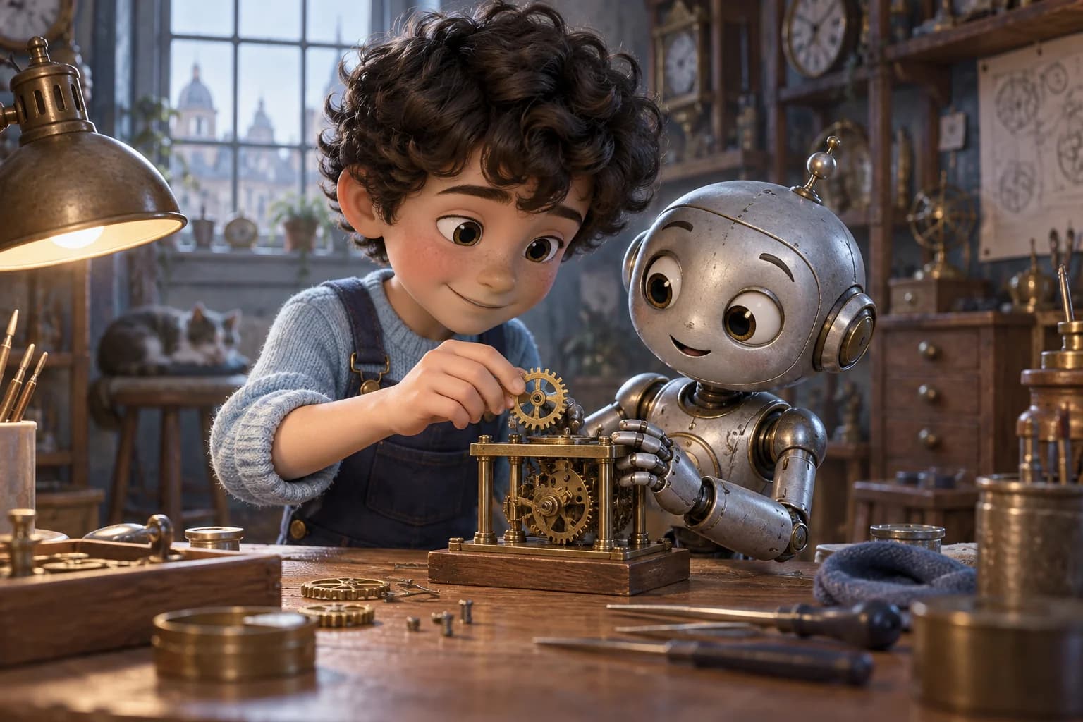 An original 3D animated boy and friendly robot fitting a gear in a clockmaker workshop