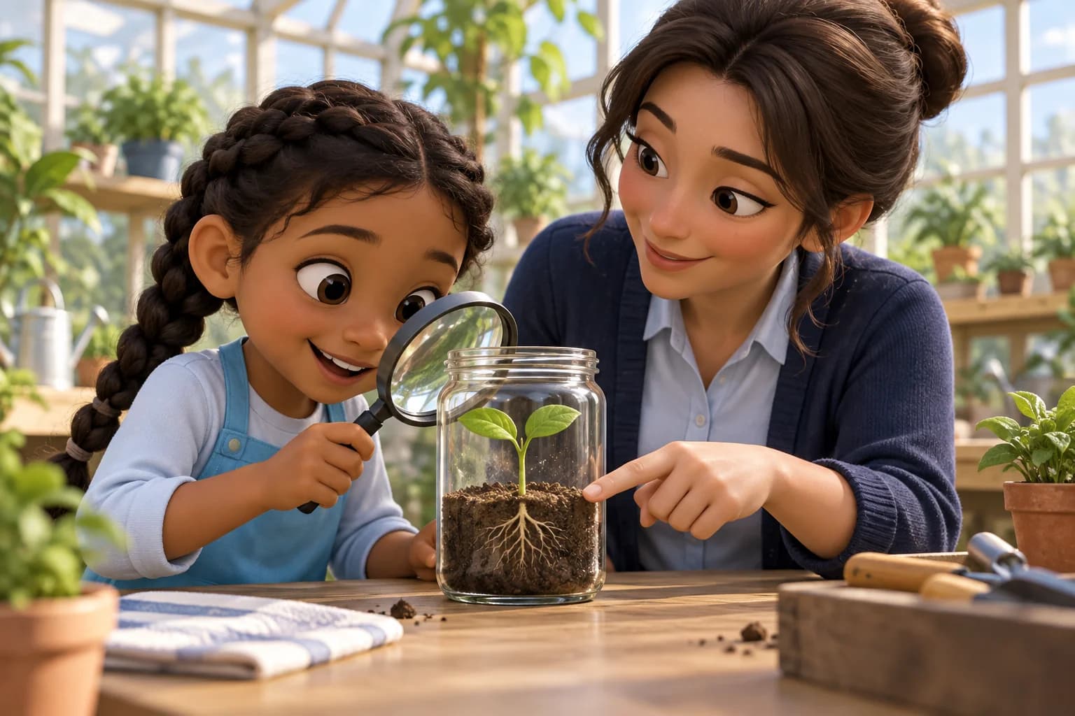 An animated girl and teacher observing a real seedling and its roots in a glass jar