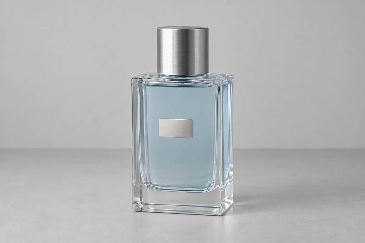 Plain catalog concept of a clear perfume bottle with a silver cap