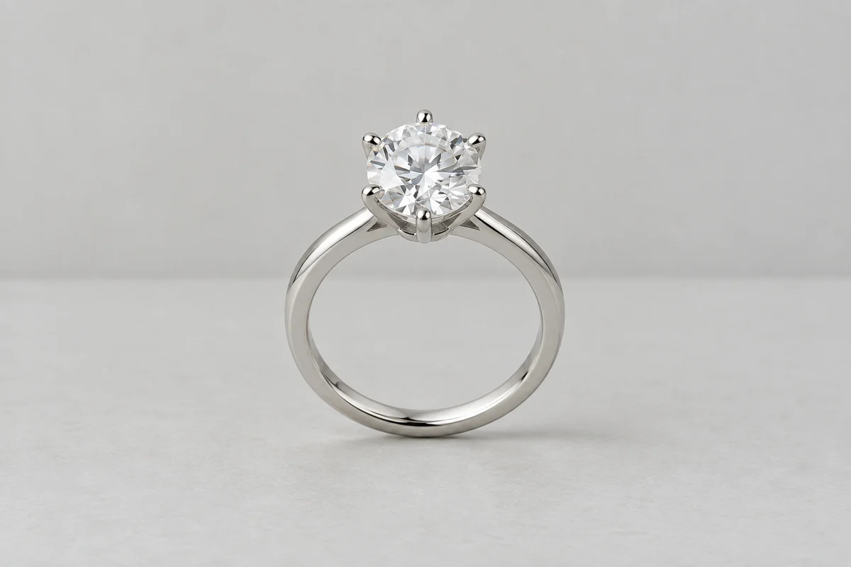 Plain catalog concept of a silver solitaire diamond ring